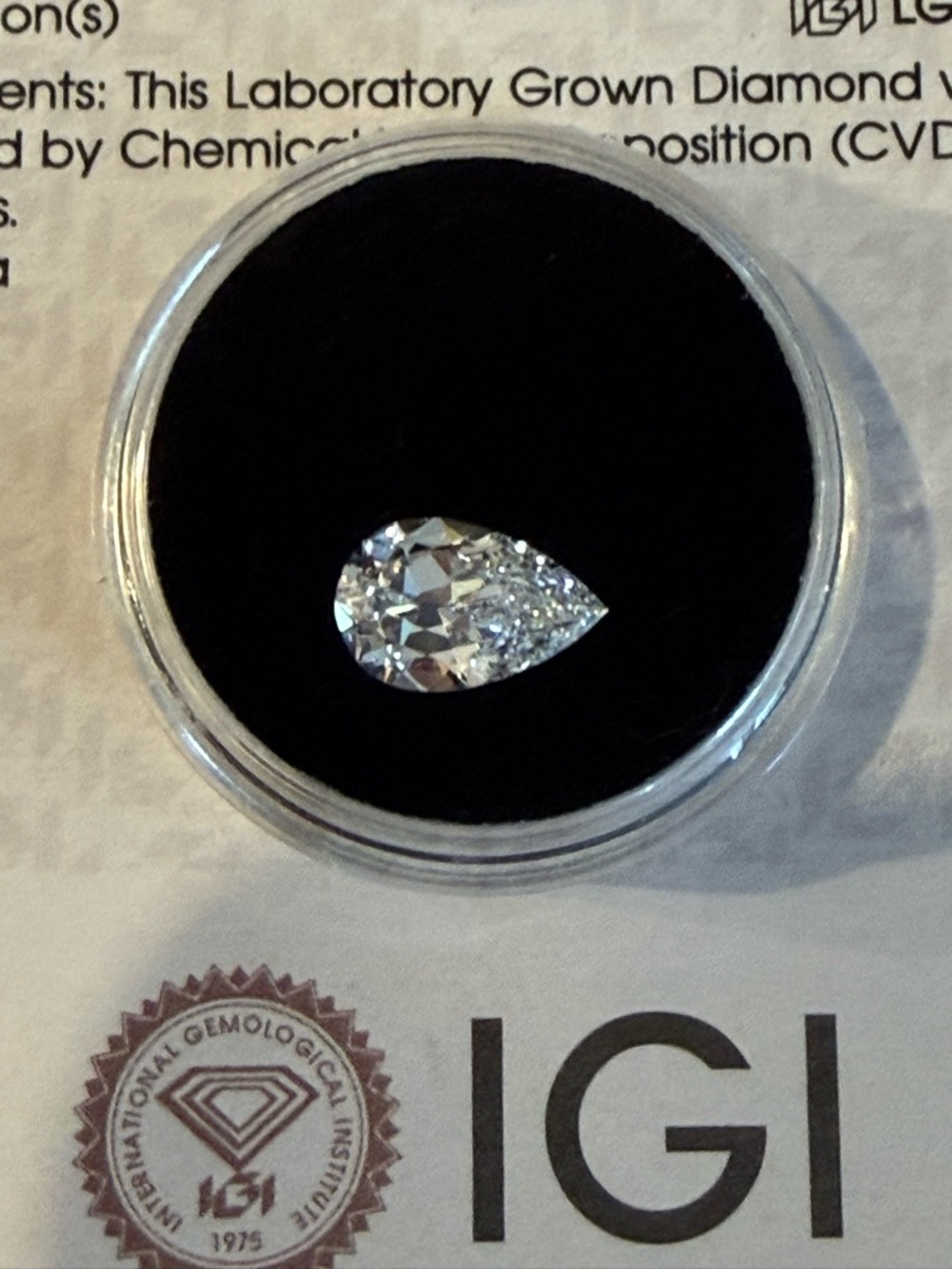 Pear Cut lab diamond 1.37 Carat D VS1
IGI certified